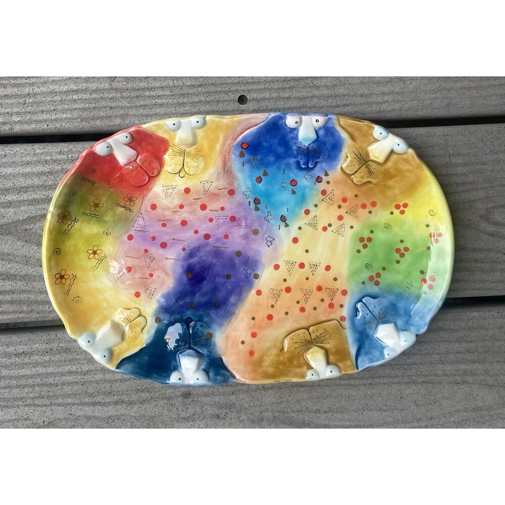 Studio Designworks Joy Cat Platter Hand Painted Ceramic Whimsical Cute Funny 12”